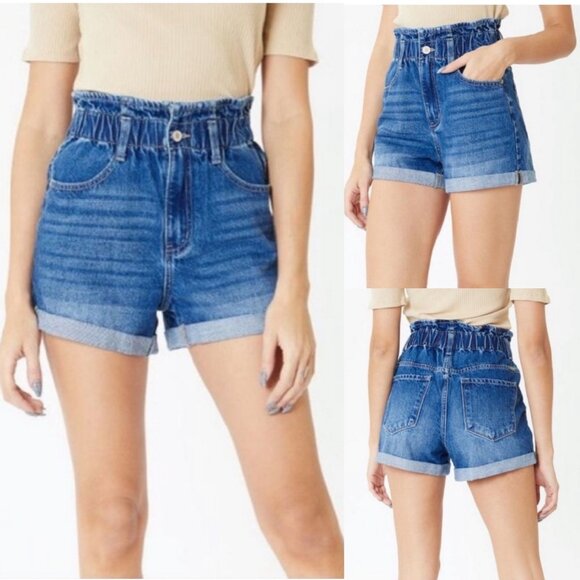 NWT KANCAN Ultra High Rise Paper Bag Shorts 100% Cotton Womens Size L Blue Denim - Picture 8 of 8